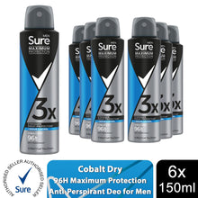 Load image into Gallery viewer, Sure Men Anti-Perspirant Deodorant Cobalt Dry 96H Maximum Protection 150ml, 6 Pk