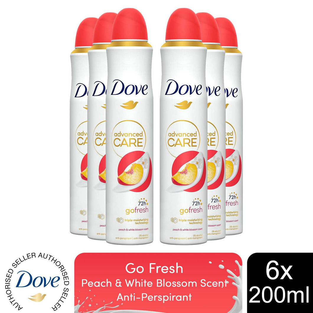 Dove Advanced Care Go Fresh AntiPerspirant Spray Peach & White Blossom, 6x200ml