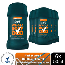 Load image into Gallery viewer, Sure Men Whole Body Amber Woods All Over Odour Control Deodorant Stick 50ml, 6pk