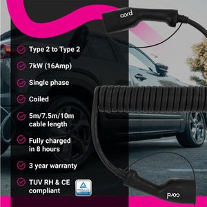 Cord Coiled 10m EV Charging Cable 230V 32A 7.4kW Portable Fast Charger UK Plug