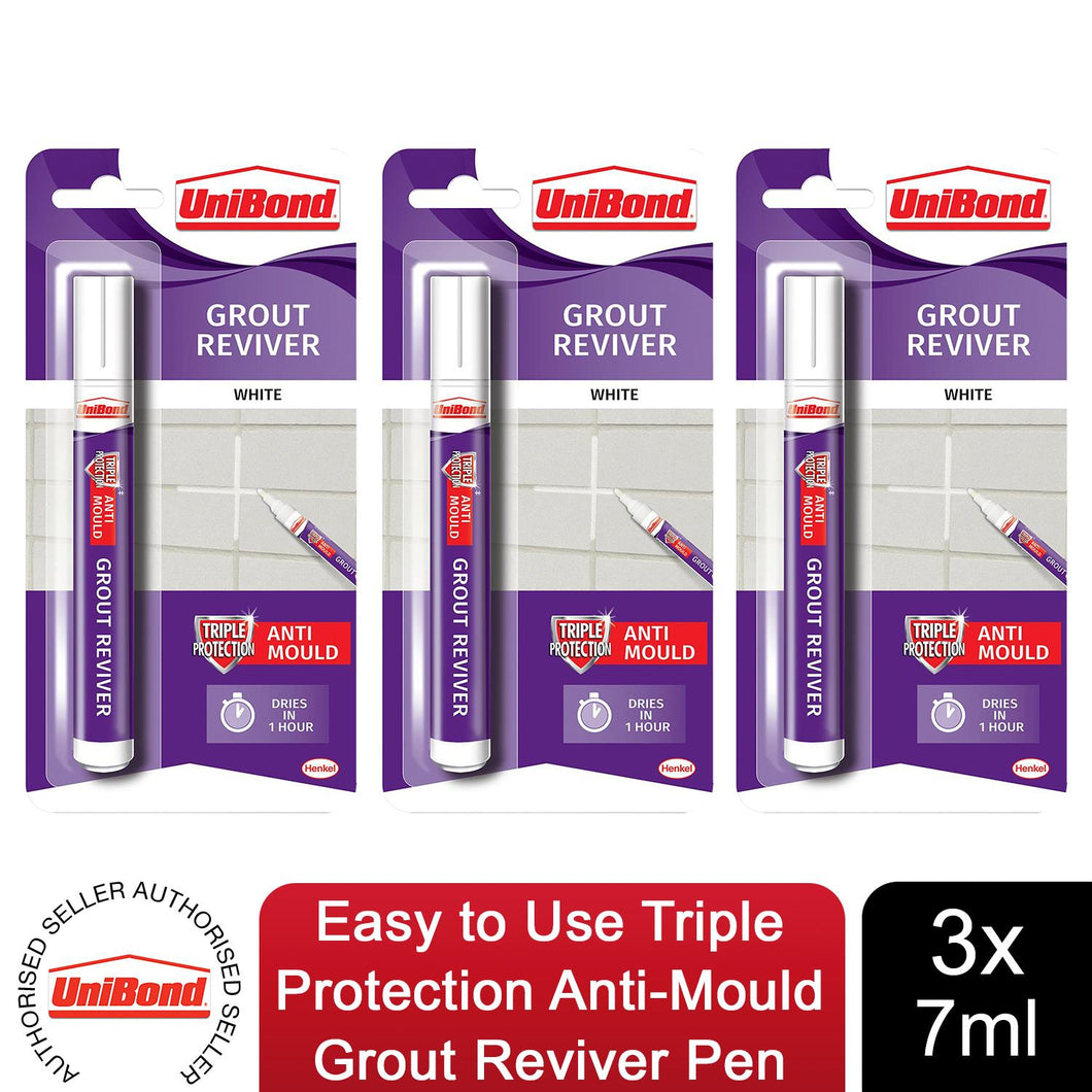 3x Unibond Easy to Use Triple Protection Anti-Mould White Grout Reviver Pen, 7ml