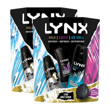 Load image into Gallery viewer, Lynx Gold, Excite &amp; Ice Chill Bath &amp; Body 3Pcs Gift Set for Him w/ Body Scrubber