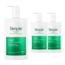 Load image into Gallery viewer, Simple Repair+ Replenish Cream Cleanser Nourishing Facial Cleanser with Ceramides &amp; Niacinamide, Gently Replenishes Skin 250ml, Pack of 3