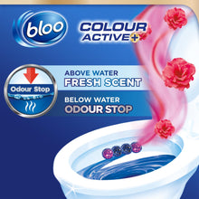 Load image into Gallery viewer, Bloo Colour Active Fresh Flower &amp; Bleach Toilet Rim Block Odour Stop 6 pk of 50g