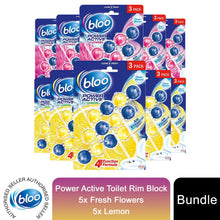 Load image into Gallery viewer, Bloo Power Active Toilet Rim Block Fresh Flowers &amp; Lemon AntiLimescale 3x50g 5pk