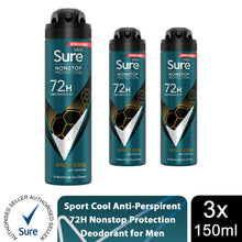 Load image into Gallery viewer, Sure Men Nonstop Protection 72H Anti-Perspirant Deodorant Sport Cool 150ml, 3pk