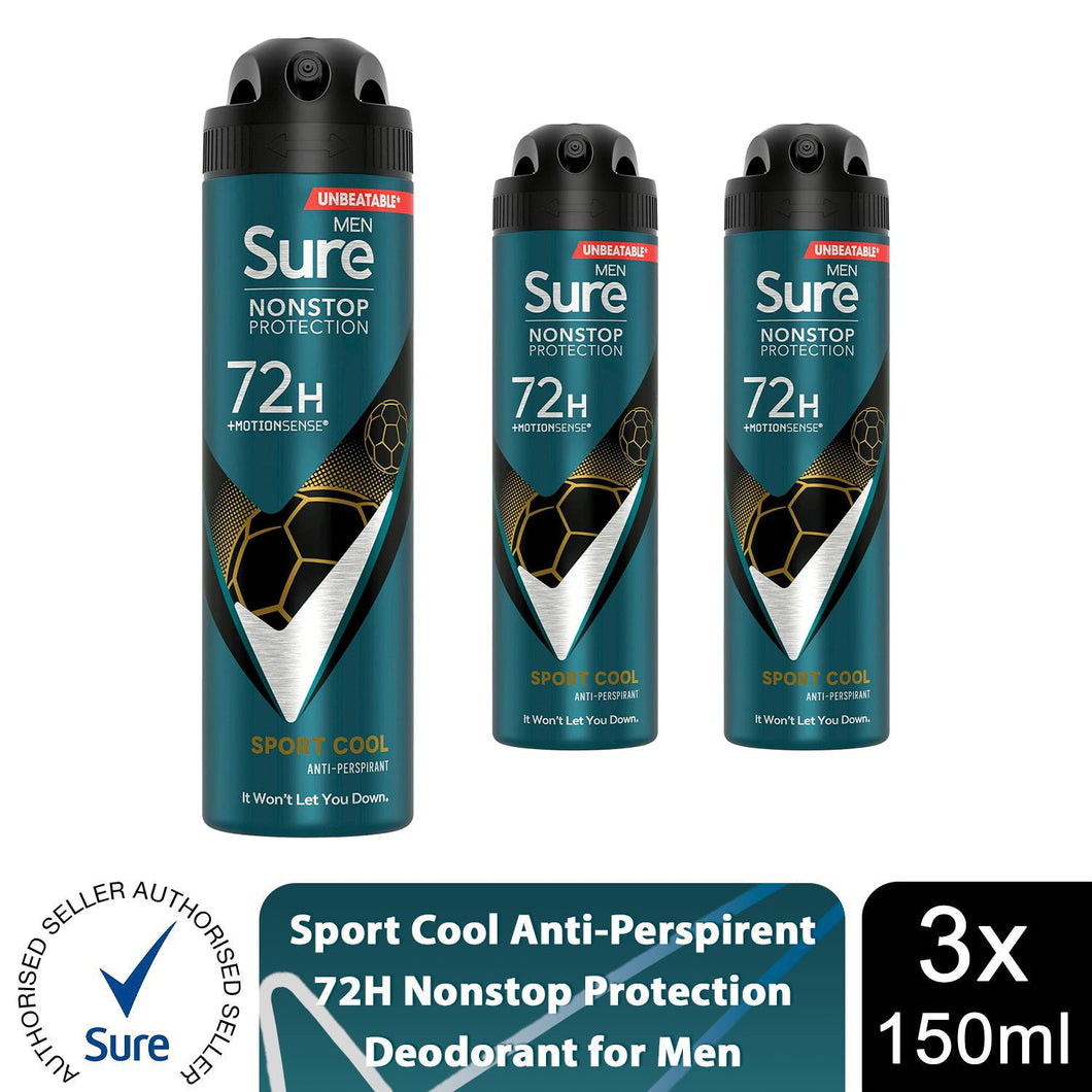 Sure Men Nonstop Protection 72H Anti-Perspirant Deodorant Sport Cool 150ml, 3pk