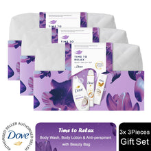 Load image into Gallery viewer, Dove Time To Relax Bath &amp; Body 3 Pcs Gift Set for Her with Beauty Bag