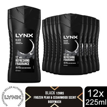 Load image into Gallery viewer, 12pk of 225ml Lynx 12H Refreshing Black Frozen Pear &amp; Cedarwood Scent Body wash