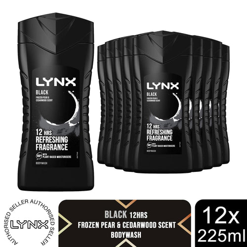 12pk of 225ml Lynx 12H Refreshing Black Frozen Pear & Cedarwood Scent Body wash