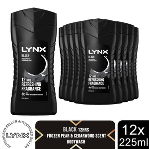 12pk of 225ml Lynx 12H Refreshing Black Frozen Pear & Cedarwood Scent Body wash