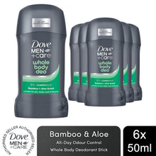 Load image into Gallery viewer, Dove Men+Care Whole Body Bamboo &amp; Aloe Odour Control Deodorant Stick 50ml, 6pk