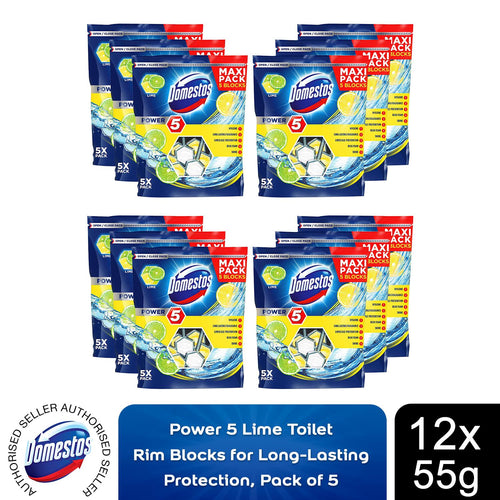 12x Domestos Power 5 Lime Toilet Rim Blocks for LongLasting Protection 55g,Pkof5