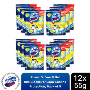 12x Domestos Power 5 Lime Toilet Rim Blocks for LongLasting Protection 55g,Pkof5