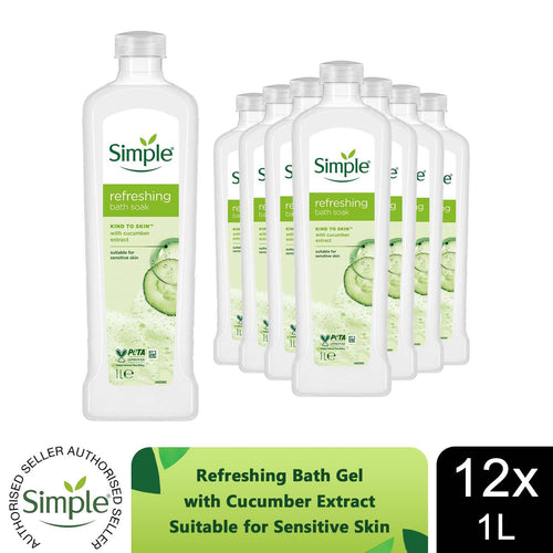 12x Simple Kind to Skin Refreshing Bath Soak Cucumber Extract Sensitive Skin, 1L