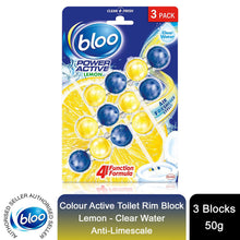 Load image into Gallery viewer, Bloo Power Active Toilet Rim Block Lemon Anti-Limescale 3 x 50g