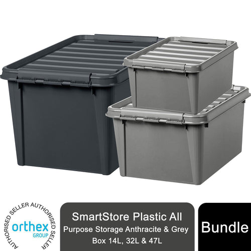 1 of Each SmartStore Plastic All Purpose Storage Grey Box, 14L, 32L & 47L