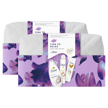 Load image into Gallery viewer, Dove Time To Relax Bath &amp; Body 3 Pcs Gift Set for Her with Beauty Bag