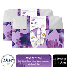 Load image into Gallery viewer, Dove Time To Relax Bath &amp; Body 3 Pcs Gift Set for Her with Beauty Bag