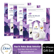 Load image into Gallery viewer, Dove Time to Relax Body Wash, Lotion Deo 3pcs Gift Set for Her with Shower Puff