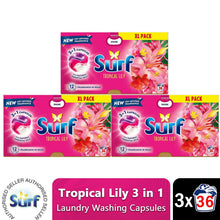 Load image into Gallery viewer, Surf 3 in 1 Laundry Washing Detergent Capsules Tropical Lily, 36 Washes, Pack of 3