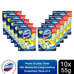 10x Domestos Power 5 Lime Toilet Rim Blocks for LongLasting Protection 55g,Pkof5