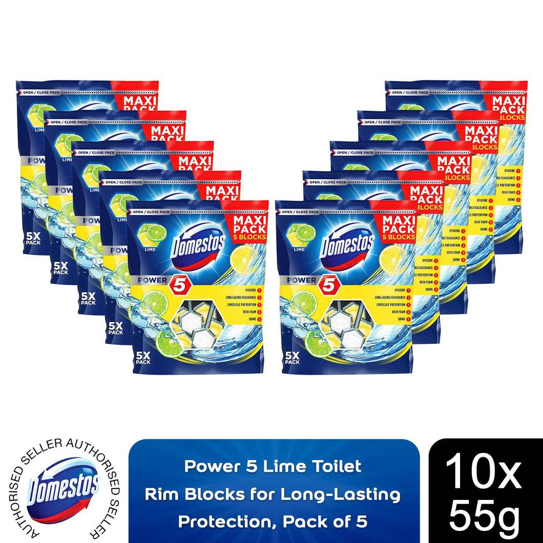 10x Domestos Power 5 Lime Toilet Rim Blocks for LongLasting Protection 55g,Pkof5