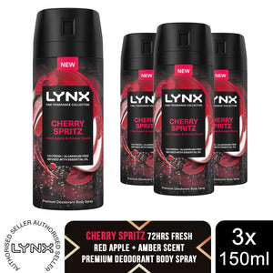 Lynx Men Deodorant Body Spray Cherry Spritz with 72Hrs Freshness 150ml, 3 Pack