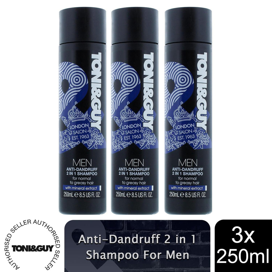 3x of 250ml Toni & Guy Anti-Dandruff 2 in 1 Shampoo for Men with mineral extract