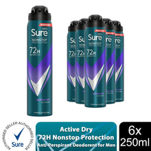 Load image into Gallery viewer, Sure Men Anti-perspirant 72H Nonstop Protection Active Dry Deodorant, 6x250ml