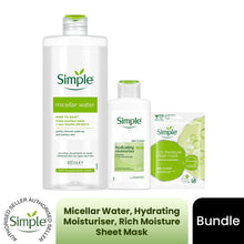 Load image into Gallery viewer, Simple Micellar Water 400ml Moisturiser 125ml &amp; Sheet Mask Bundle