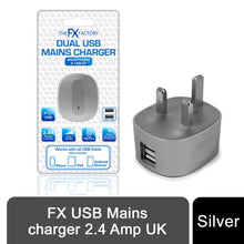 Load image into Gallery viewer, FX Dual USB Mains Charger Plug (UK) For SmartPhones &amp; Tablets - Silver