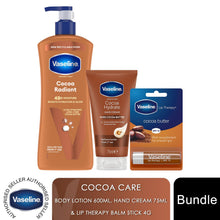 Load image into Gallery viewer, Vaseline Cocoa Radiant Bundle Lotion 600ml, Hand Cream 75ml &amp; Lip Therapy 4g Set