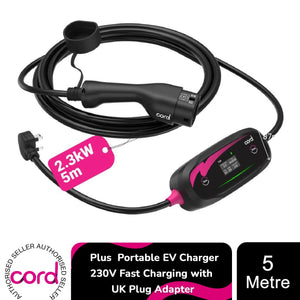 Cord Plus 5m Portable EV Charger 230V Fast Charging with UK Plug Adapter