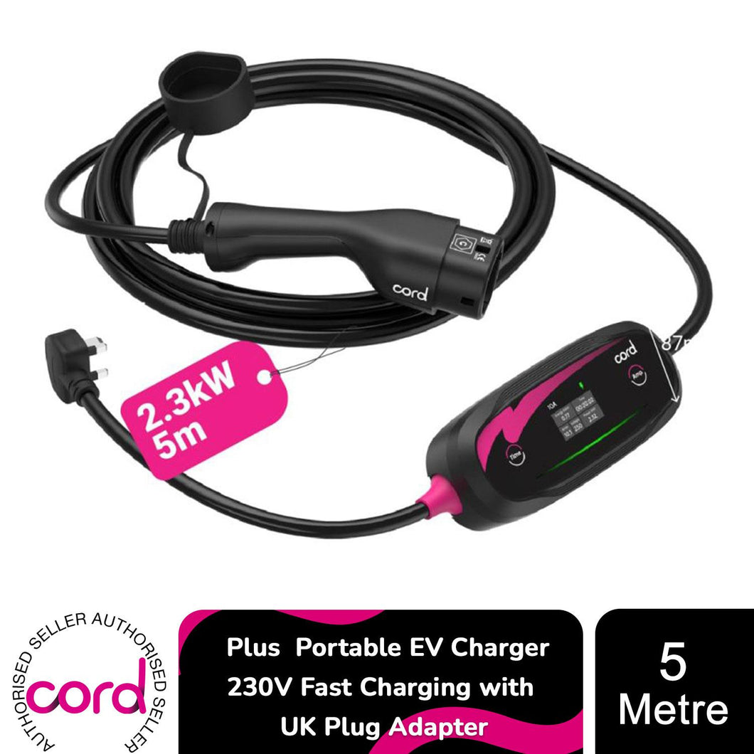 Cord Plus 5m Portable EV Charger 230V Fast Charging with UK Plug Adapter