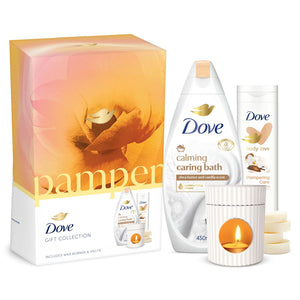 Dove Pamper Body Wash & Body Lotion 2Pcs Gift Set for Her w/ Wax Burner & Melts