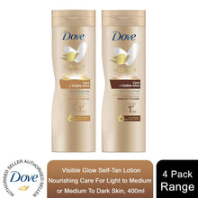 Load image into Gallery viewer, 4pk of 400ml Dove Visible Glow Self-Tan Lotion, Fair to Medium or Medium to Dark