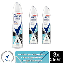 Load image into Gallery viewer, Sure Women Anti-perspirant 72H Nonstop Protection Invisible Aqua Deo, 3x250ml