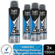 Load image into Gallery viewer, Sure Men Anti-Perspirant Deodorant Cobalt Dry 96H Maximum Protection 150ml, 3 Pk