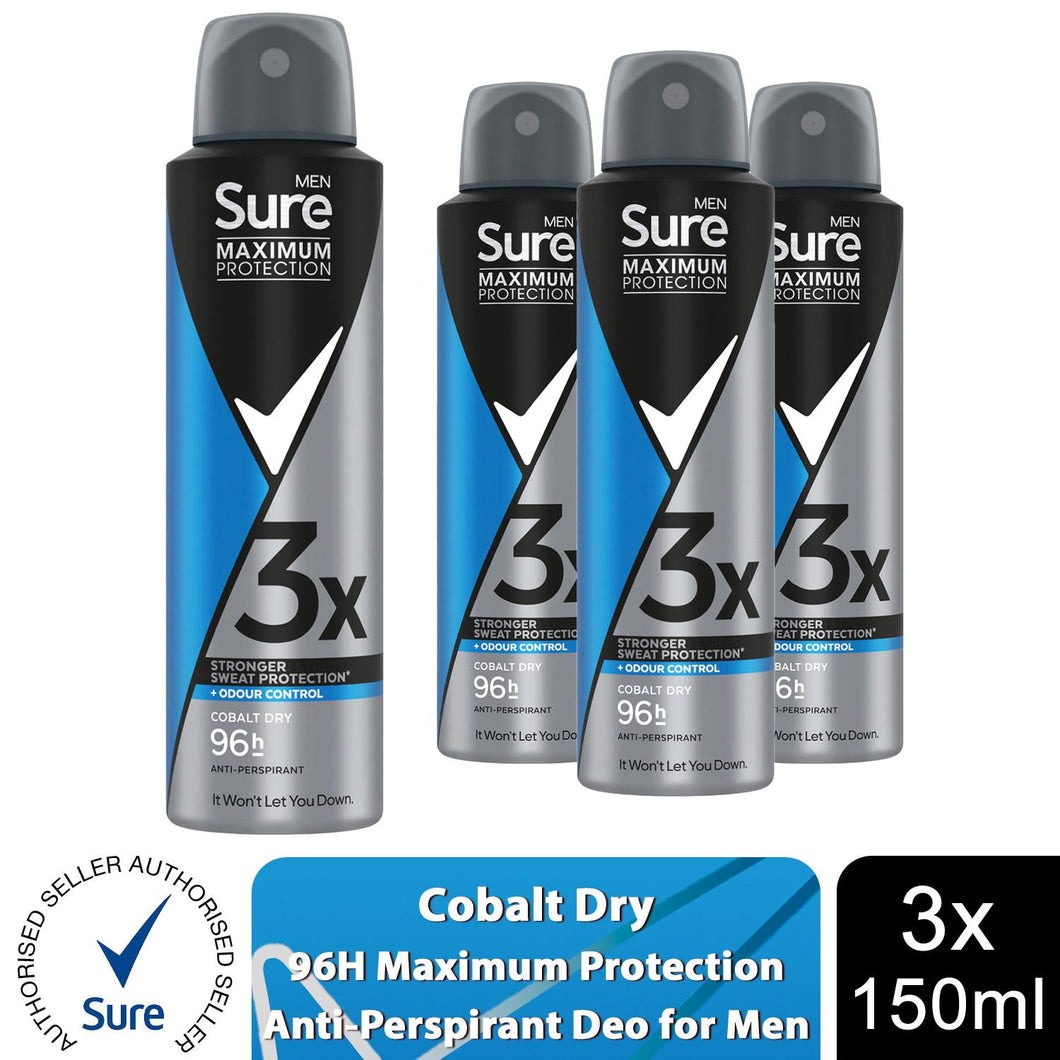 Sure Men Anti-Perspirant Deodorant Cobalt Dry 96H Maximum Protection 150ml, 3 Pk