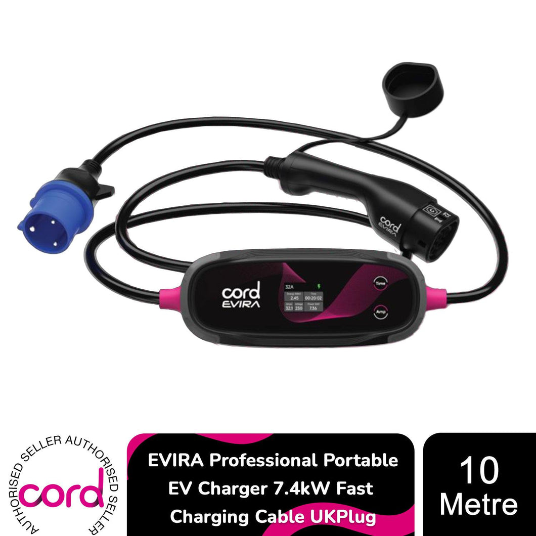 Cord EVIRA Professional 10m Portable EV Charger 7.4kW Fast Charging Cable UKPlug