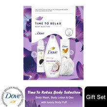 Load image into Gallery viewer, Dove Time to Relax Body Wash, Lotion Deo 3pcs Gift Set for Her with Shower Puff