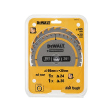 Load image into Gallery viewer, DEWALT DT90270 Construction Circular Saw Blade 2 Pack 165?mm x 20?mm (24T / 36T)