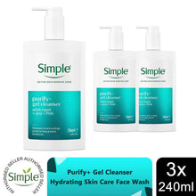 Load image into Gallery viewer, Simple Purify+ Gel Facial Cleanser Hydrating Face Wash with Pro-Vitamin B5 &amp; Pentavitin, No Perfume or Colour, Gentle Daily Skincare, 240ml Pack of 3
