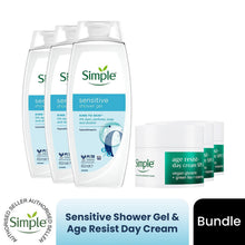 Load image into Gallery viewer, Simple Sensitive Shower Gel &amp; Age Resist+ Day Cream 3-Pack Bundle