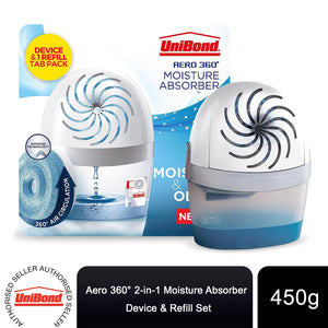Unibond AERO 360º Moisture Absorber, Ultra-Absorbent Dehumidifier, Helps to Prevent Condensation, Mould & Musty Smells, Refillable Condensation Absorber, 1 Device incl. 1 Refill Tab 450g