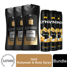 Load image into Gallery viewer, 3pk Each Bundle of Lynx Gold For Men Body Spray 250ml with Body Wash 400ml