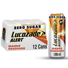 Load image into Gallery viewer, Lucozade Alert Zero Sugar Mango Peachade Sparkling Drink w/ Vitamin B3, 12x500ml