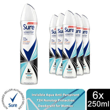 Load image into Gallery viewer, Sure Women Anti-perspirant 72H Nonstop Protection Invisible Aqua Deo, 6x250ml