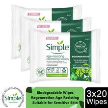 Load image into Gallery viewer, Simple Regeneration Age Resisting Cleansing Wipes, 3pk or 6pk of 20 Wipes